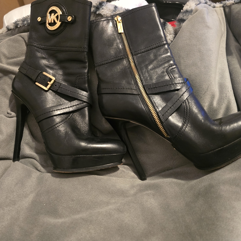 Michael Kors Black Heeled Boots with Gold Accents
